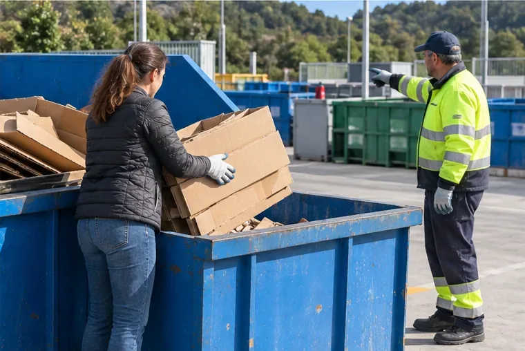 Una usuaria deposita cartón en un contenedor grande mientras una persona trabajadora indica la zona de descarga