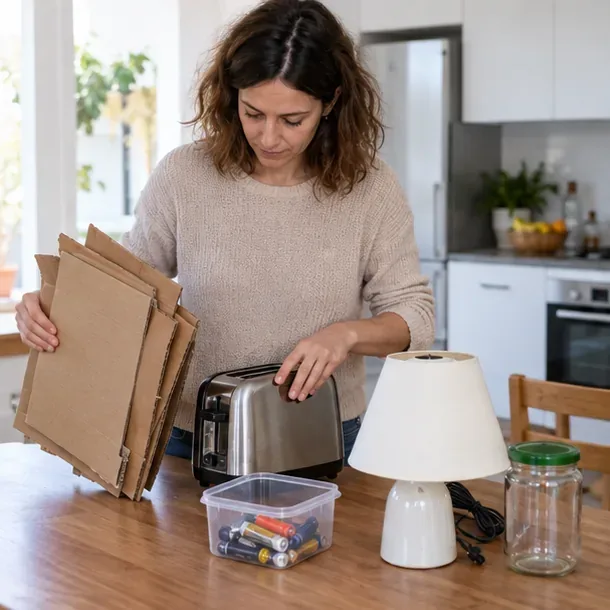 Una vecina separa cartón, un pequeño electrodoméstico, pilas usadas, una lámpara y un tarro de vidrio sobre una mesa antes de llevarlos a reciclar.