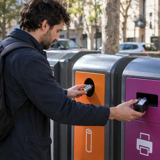 Un hombre deposita una pila usada y un cartucho de tinta en compartimentos separados de un punto de recogida de proximidad en la calle.
