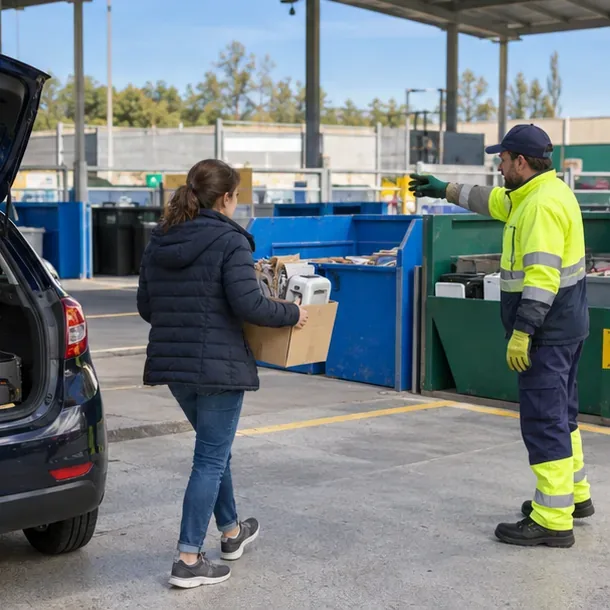 Una conductora lleva una caja con papel y un pequeño electrodoméstico desde su coche hacia contenedores separados mientras un operario le indica dónde descargarlos.