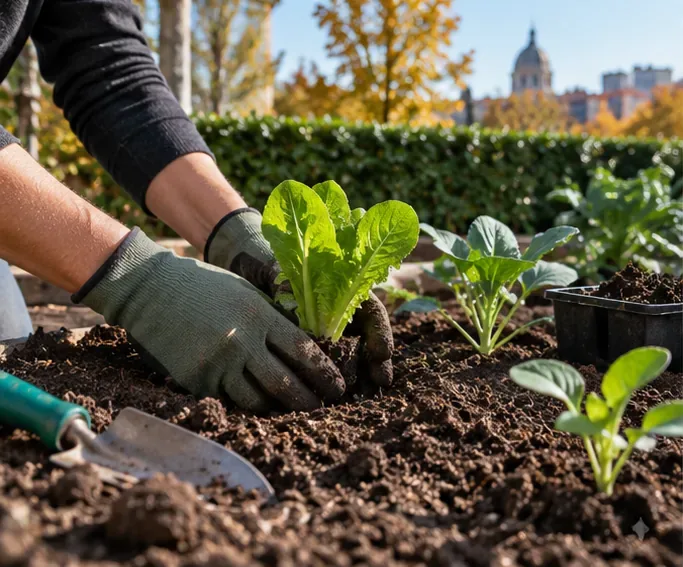 Manos con guantes trasplantando una lechuga joven a un bancal de otoño