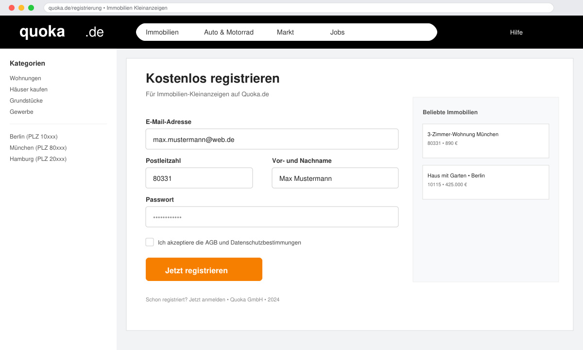 Registrierungsformular auf Quoka.de