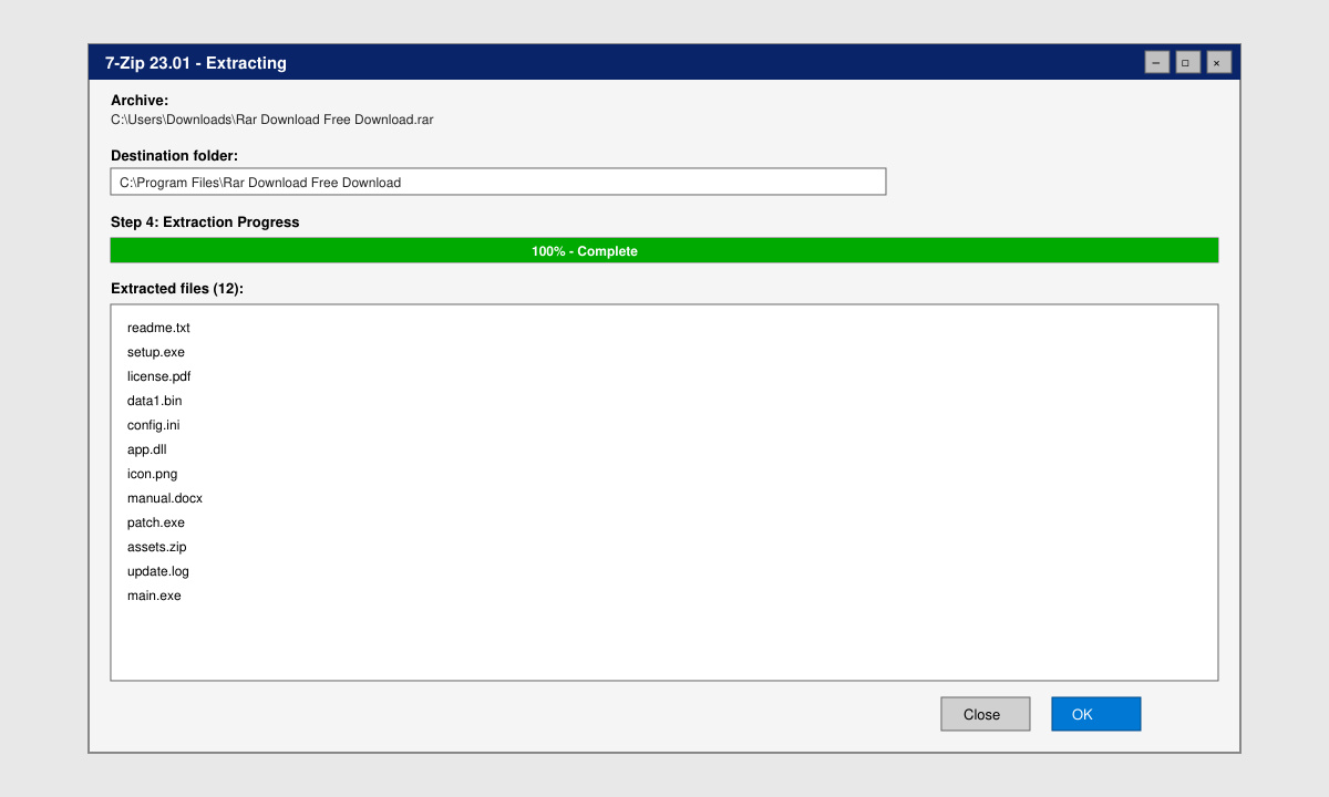 7-Zip extracting RAR archive showing progress and extracted files
