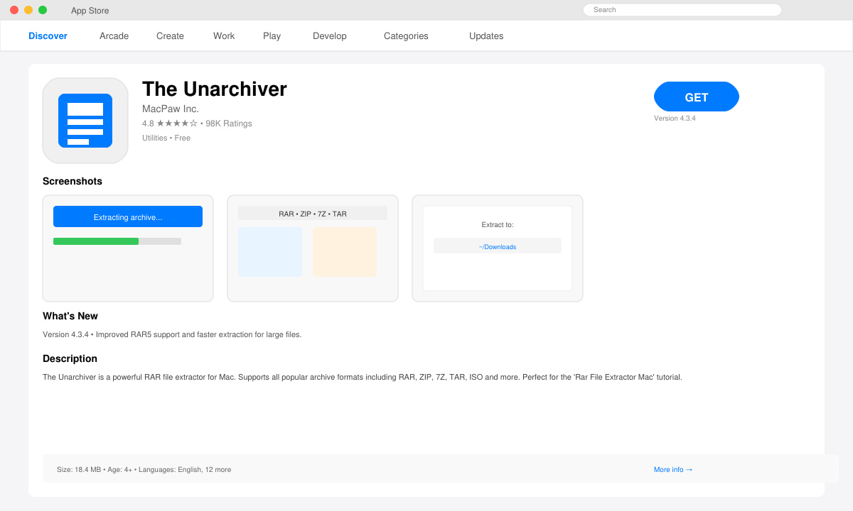 Screenshot of the Mac App Store page for The Unarchiver with the Get button highlighted