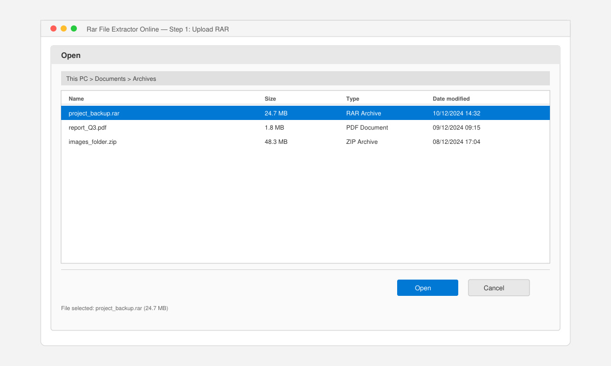 Close-up of a file upload dialog box with a RAR archive selected and file size displayed