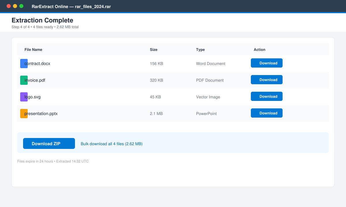 Result screen displaying a list of extracted files with download buttons next to each item and a zip option for bulk retrieval