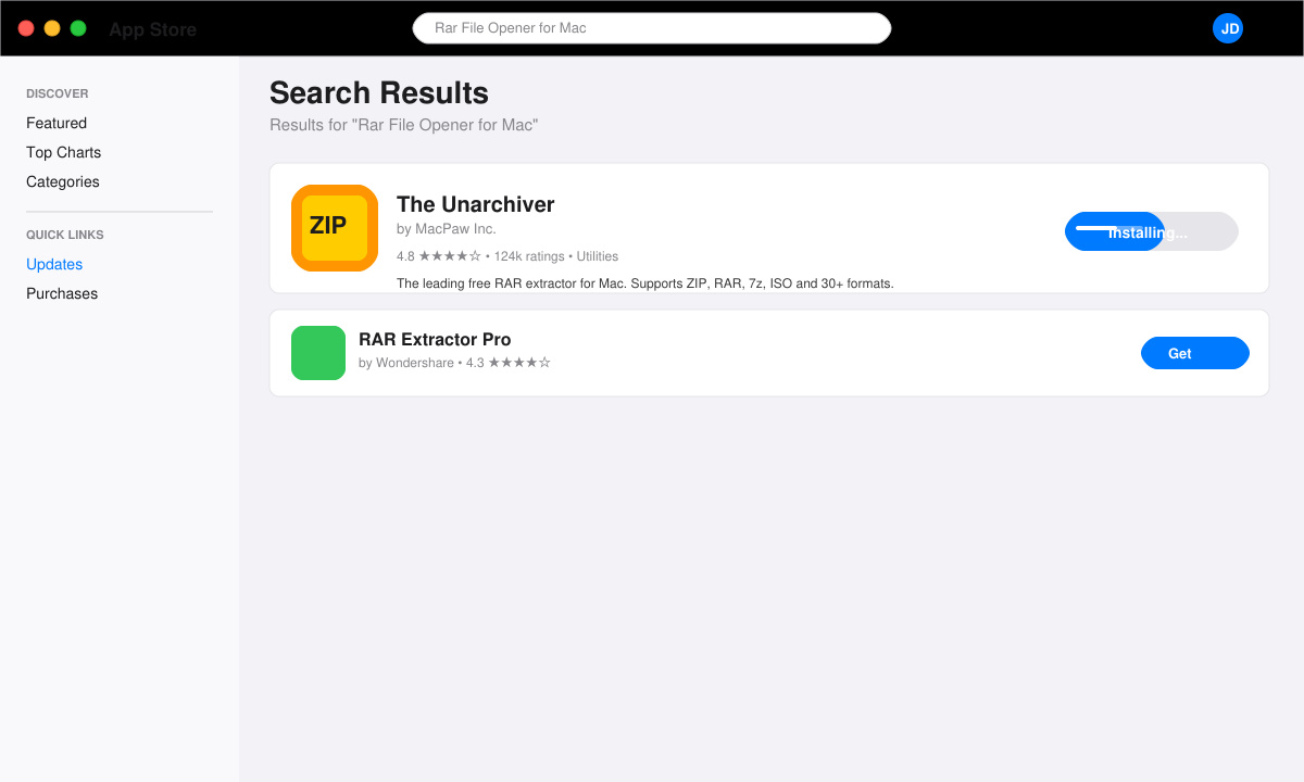 Mac App Store page for The Unarchiver Rar File Opener for Mac