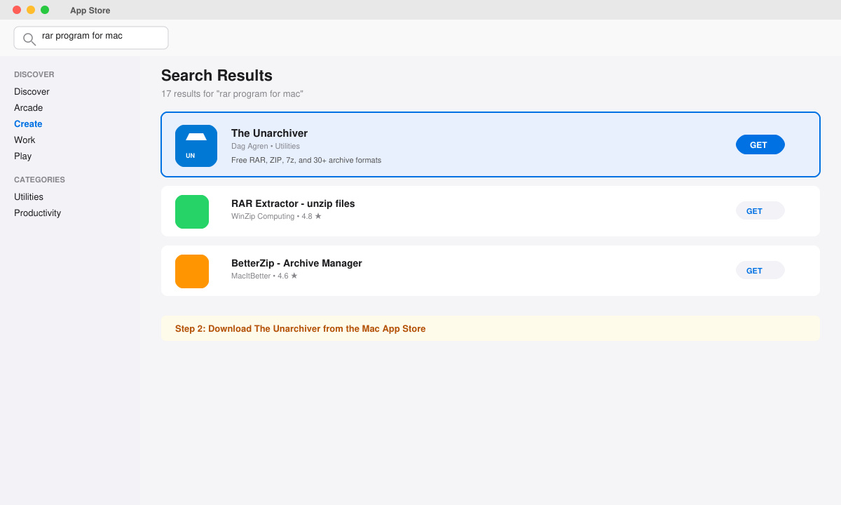 Screenshot of the Mac App Store search results page highlighting The Unarchiver app