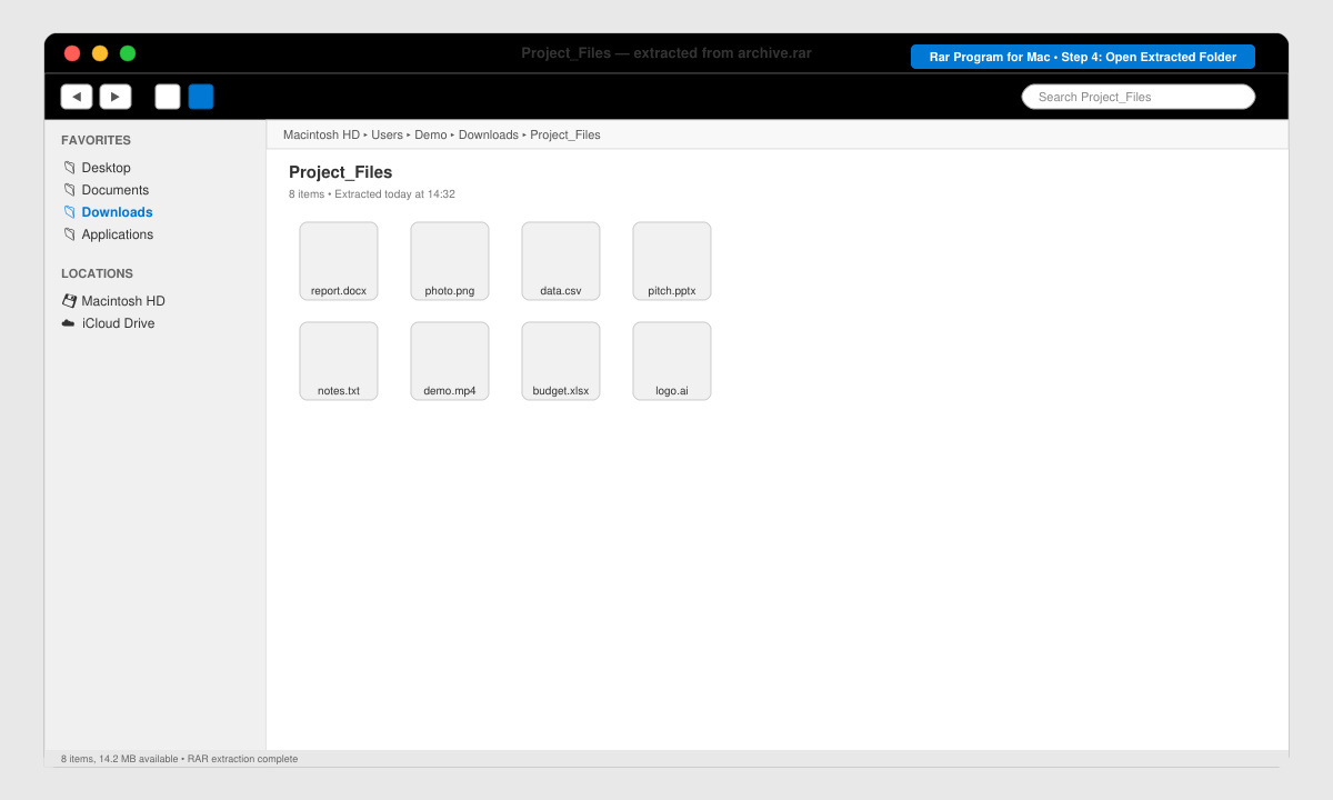 Finder window showing a successfully extracted RAR archive folder with files visible