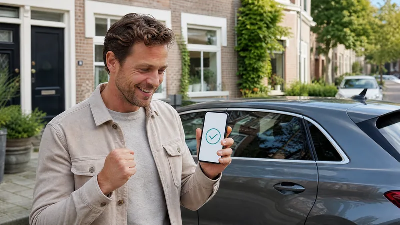 Blije autobezitter ontvangt een digitale bevestiging na online overschrijving