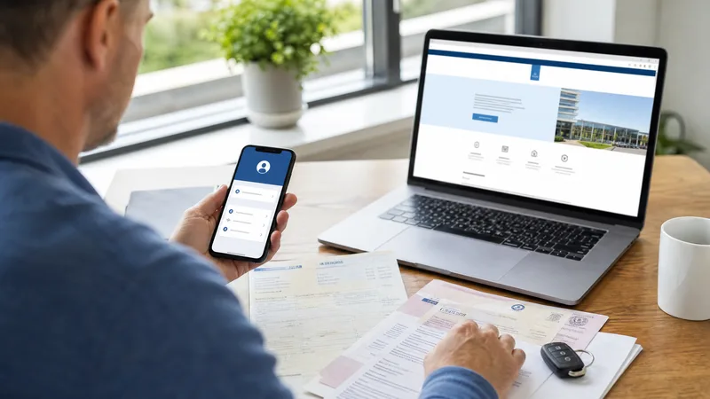 Koper gebruikt een smartphone en laptop om een voertuig online over te schrijven