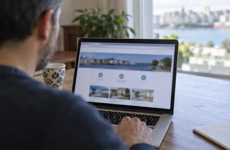 Una persona consulta una página web municipal de residuos en un portátil desde su casa