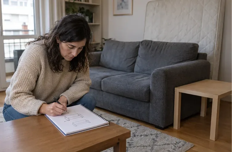 Una residente anota los muebles voluminosos que necesita retirar mientras observa un sofá y una mesa en casa