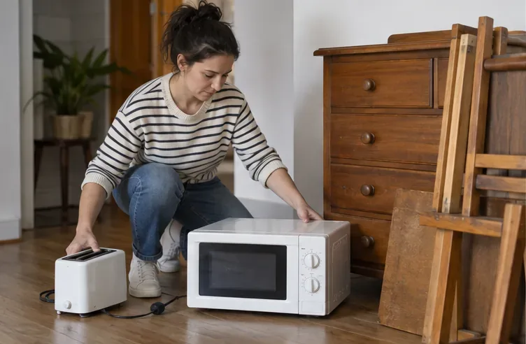 Una residente separa un microondas y una tostadora de varios muebles de madera dentro de una vivienda