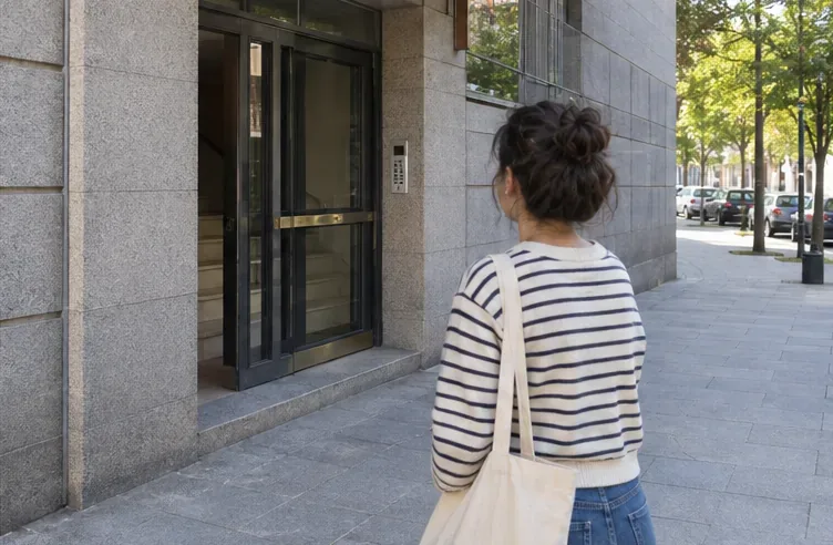 Una residente observa la entrada de un edificio con la acera despejada después de retirar los enseres