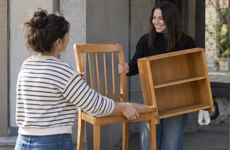 Dos personas entregan una silla y una estantería de madera para su reutilización en la entrada de un edificio