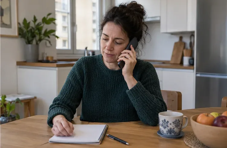 Una mujer llama por teléfono y toma notas en una libreta desde la cocina de su vivienda