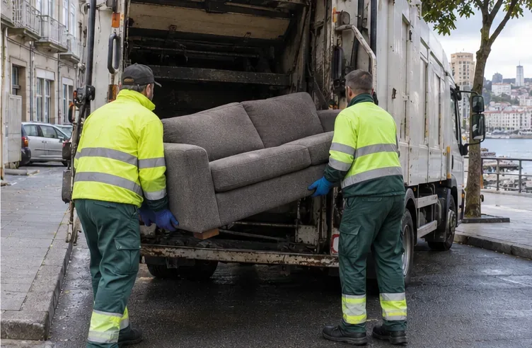 Dos operarios con ropa reflectante cargan un sofá en un camión de recogida en una calle urbana