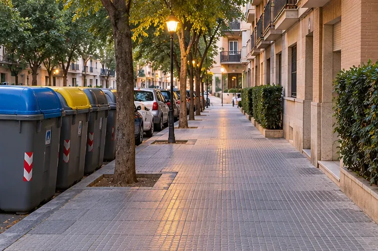 Una acera residencial despejada junto a varios contenedores municipales.
