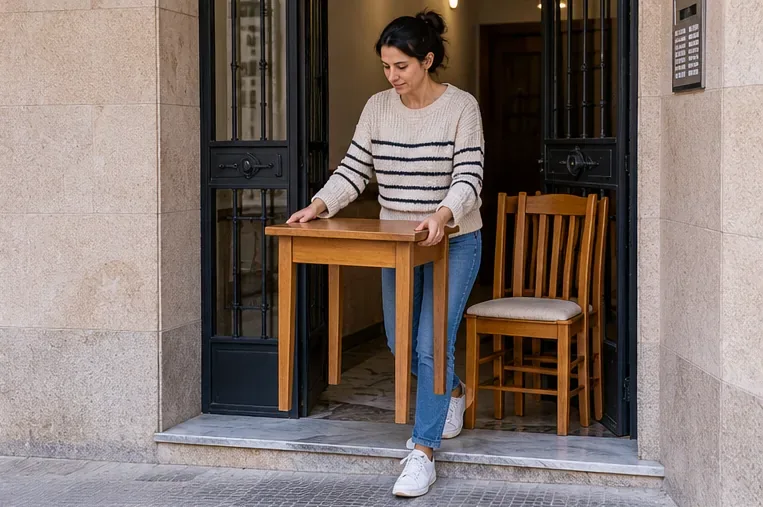Una mujer transporta una mesa pequeña hacia la salida de un edificio residencial.