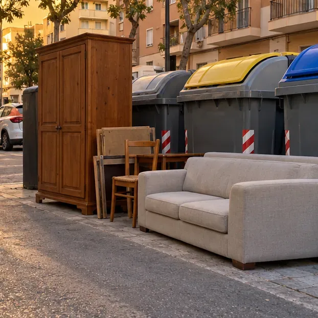 Un armario, varias sillas y un sofá están colocados en la acera junto a contenedores urbanos, sin cubrir sus tapas.