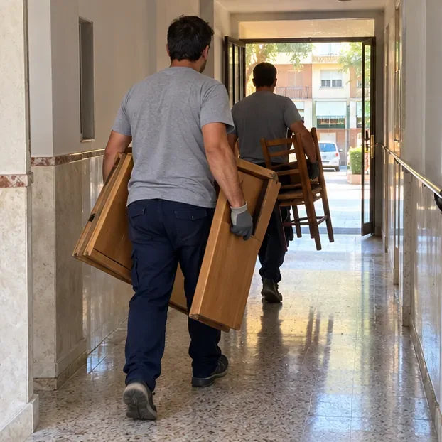 Dos personas transportan con cuidado piezas de madera desmontadas y sillas por el pasillo de un edificio.