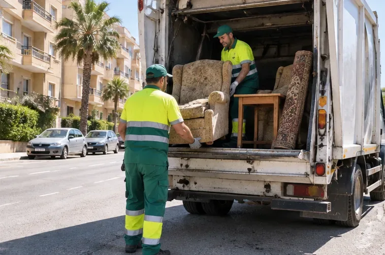 Dos operarios cargando un sillón, una mesa y una alfombra en un camión de recogida de objetos voluminosos