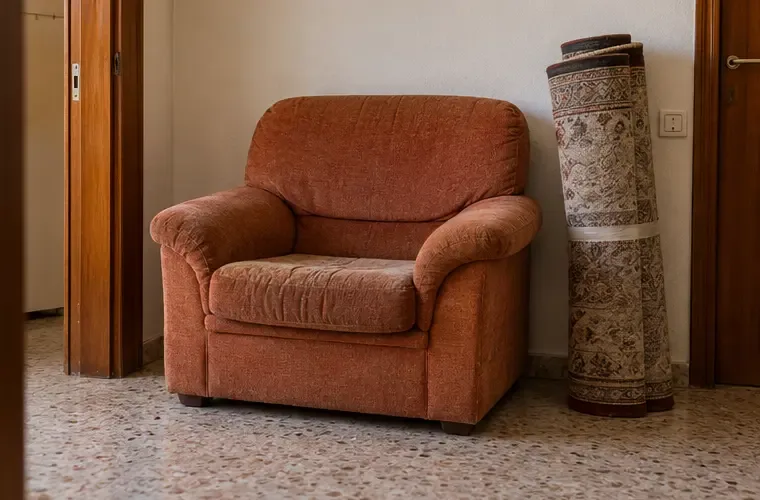Un sillón usado y una alfombra enrollada preparados en una vivienda para comprobar si se incluyen en la recogida