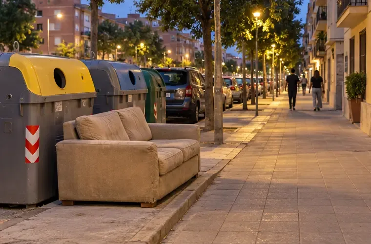 Un sofá colocado al lado de los contenedores, con espacio amplio para el paso peatonal