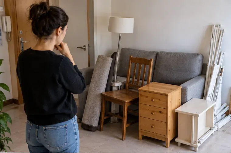 Una persona revisa varios muebles y piezas voluminosas dentro de una vivienda antes de decidir cómo retirarlos
