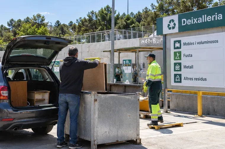 Una persona descarga muebles de un coche en una instalación de reciclaje señalizada como deixalleria, con ayuda de un operario