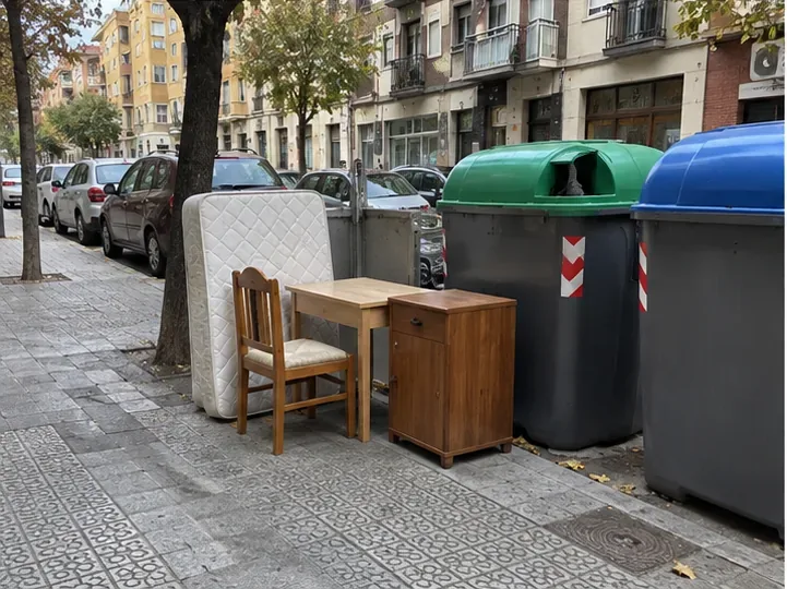 Colchón, silla, mesa y pequeño mueble colocados junto a contenedores urbanos sin bloquear sus tapas