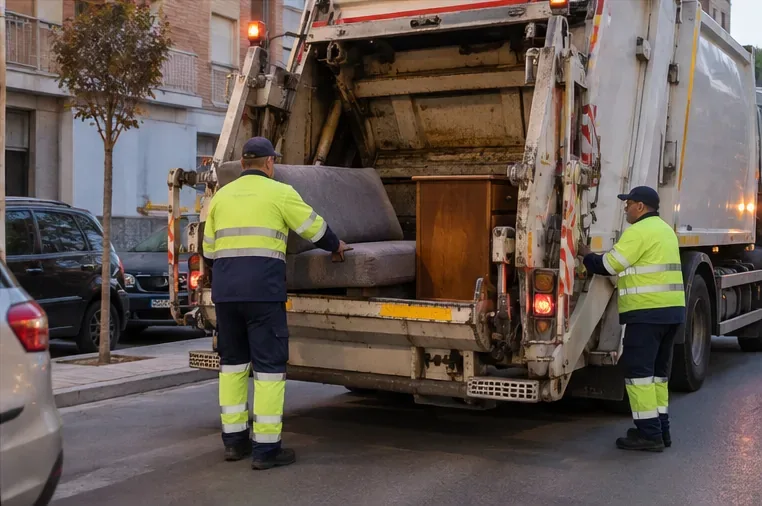 Operarios de limpieza cargando un sofá y un mueble en un camión de recogida urbana