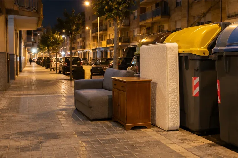 Sofá, colchón y mueble colocados junto a una zona de contenedores en una calle por la noche