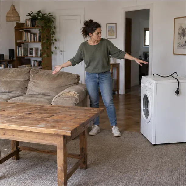 Una mujer señala un sofá y una mesa mientras mantiene una lavadora separada en el salón