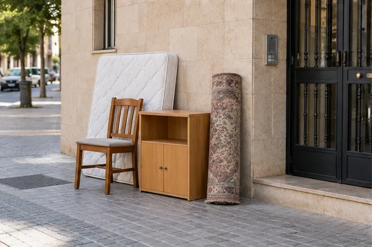 Un colchón, una silla, un mueble pequeño y una alfombra están colocados junto a la entrada de un edificio sin apoyarse en los contenedores