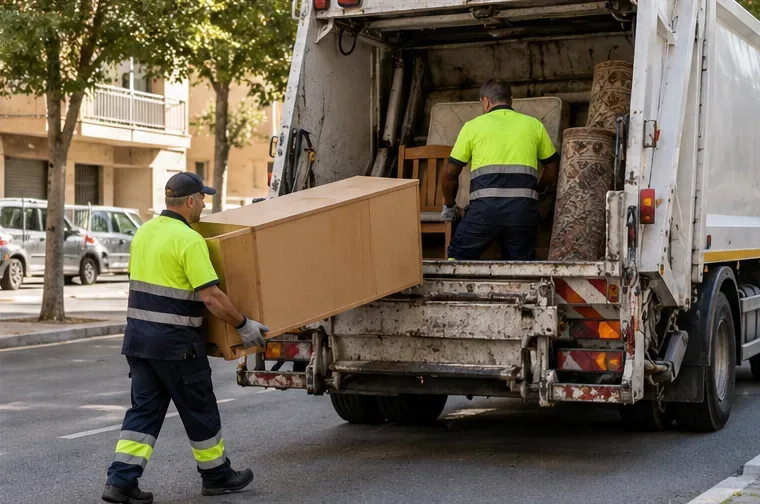 Dos operarios cargan un mueble en un camión de recogida de enseres en una calle residencial