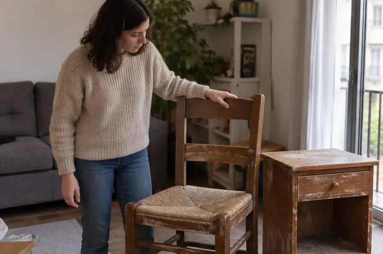Una persona revisa una silla de madera y una mesilla desgastadas dentro de una vivienda antes de decidir cómo retirarlas.