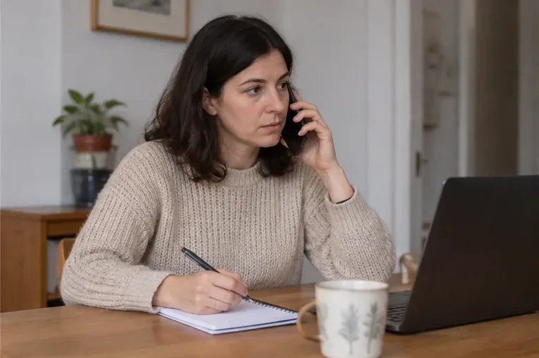 Una mujer habla por teléfono mientras toma notas junto a un ordenador portátil en una mesa.