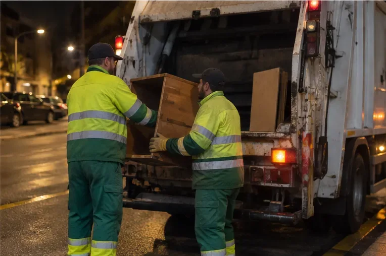 Dos operarios con ropa reflectante cargan un mueble de madera en la parte trasera de un camión de recogida durante la noche.