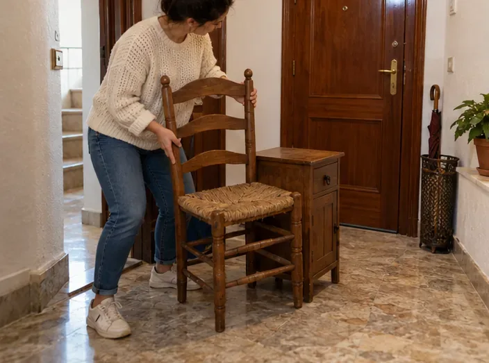 Una mujer reúne una silla de madera y una mesita junto a la puerta interior de su casa.