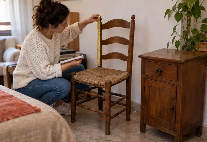 Una mujer mide una silla de madera junto a una mesita dentro de una vivienda.