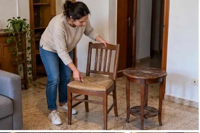 Mujer revisando una silla y una mesa pequeñas dentro de una vivienda antes de preparar su retirada