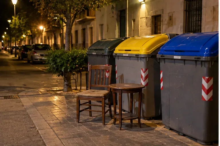 Silla y mesa pequeñas colocadas de noche junto a una zona de contenedores sin bloquear la acera