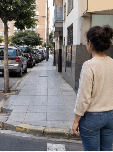 Persona observando una acera amplia y una calle con acceso para vehículos antes de decidir dónde sacar los muebles