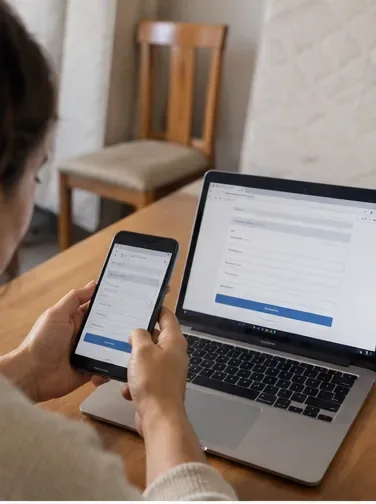Persona rellenando desde un portátil y un teléfono un formulario online de recogida de enseres