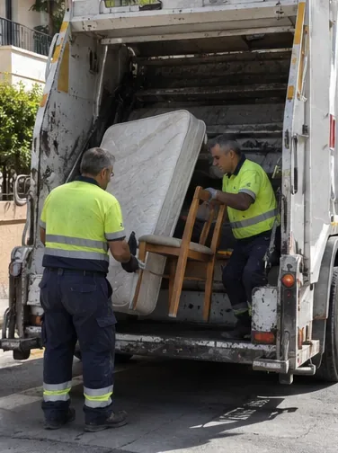 Operarios de limpieza cargando un colchón y una silla en la parte trasera de un camión de recogida
