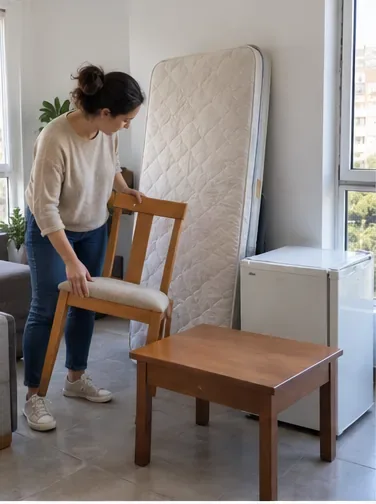 Persona separando en casa una silla, una mesa pequeña, un colchón y un electrodoméstico antes de pedir la recogida