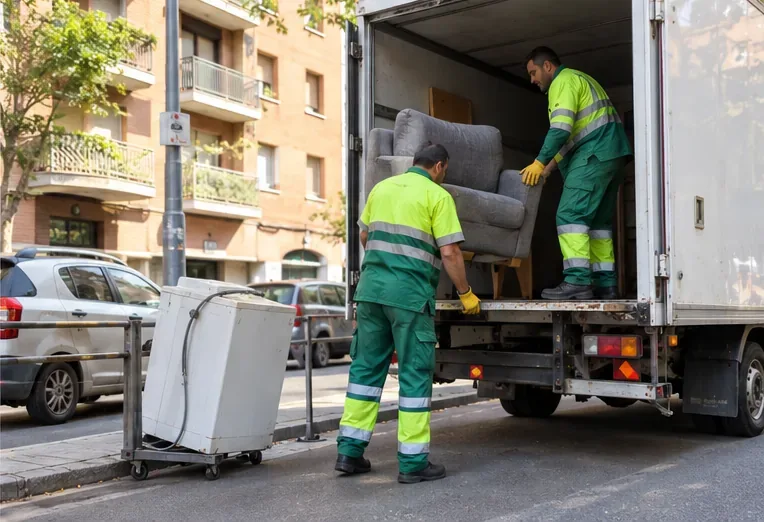 Operarios cargando un sillón en un camión de recogida mientras una lavadora espera para ser retirada