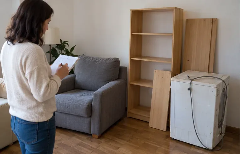 Persona revisando un sillón, una estantería desmontada y una lavadora antes de pedir la recogida municipal en L’Hospitalet
